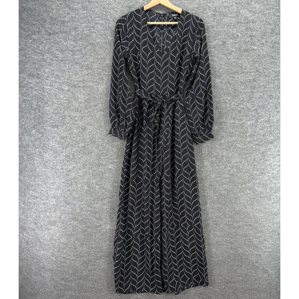 Aakaa Jumpsuit Women S Small Black Geometric V-Neck Belted Lined Long Sleeve